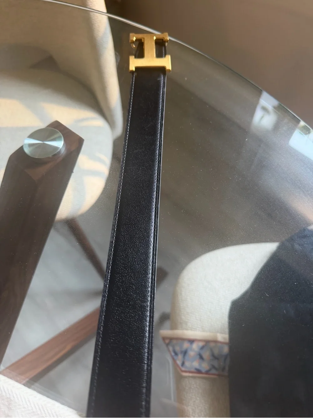 Hermes Black and Brown Reversible Leather Belt with Gold H Buckle